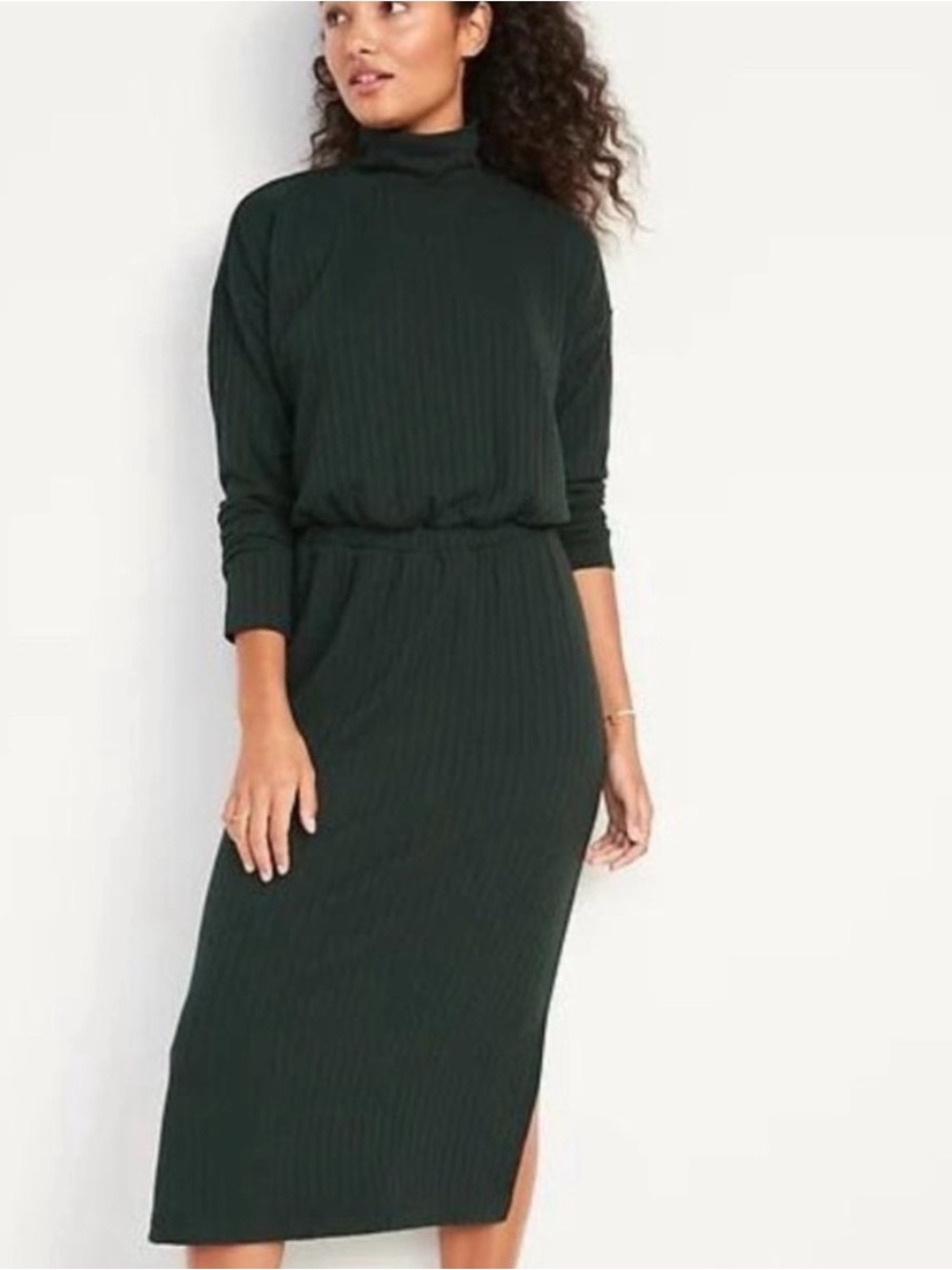 Old Navy Women's Green Ribbed Mock Neck Long Sleeve Knit Midi Dress